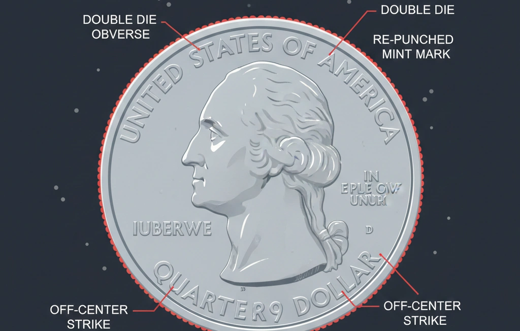 A 1989 Washington quarter with visible minting errors highlighted