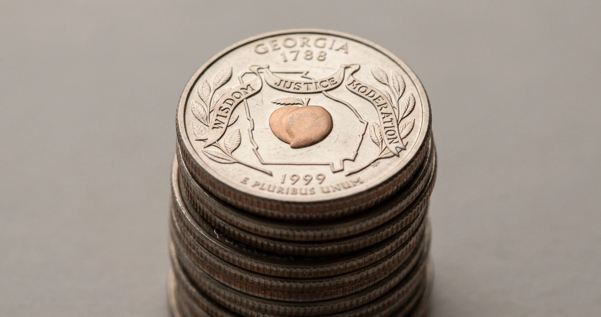 stacked 1999 Georgia quarters with shallow focus